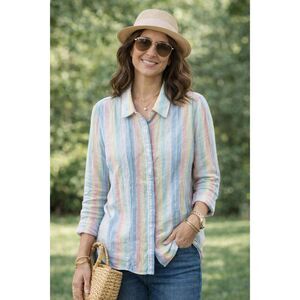 NWOT The Shirt by Rochelle Behrens boyfriend linen blend shirt Med $178 A51